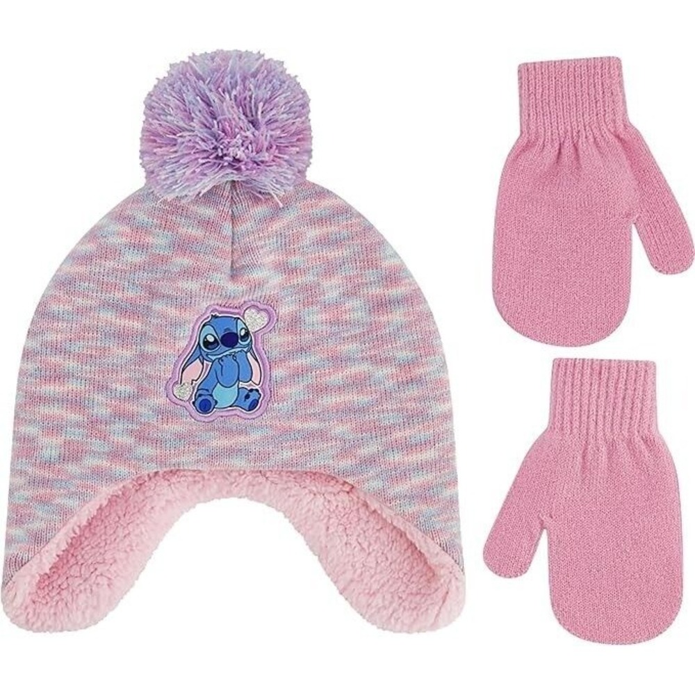 BRAND NEW Disney Stitch Winter Knit Cap with Pom and Matching Mittens Toddler OS